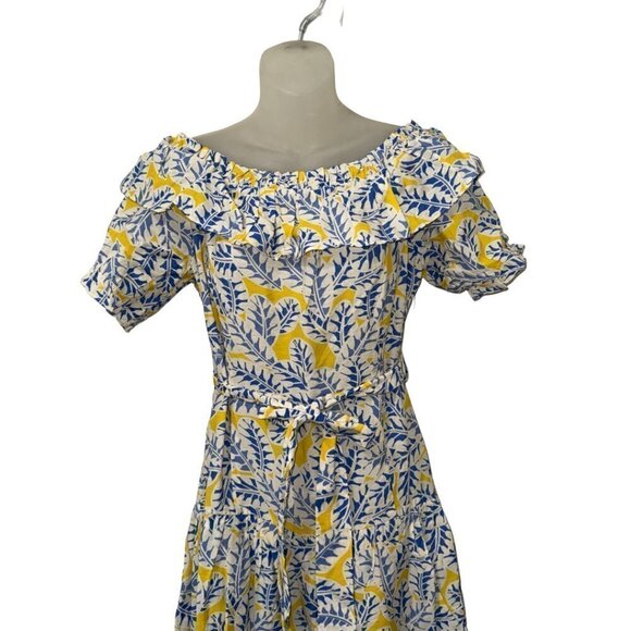 Stellah Dress Womens Off Shoulder Belted Tiered skirt size M Tropical Print - Picture 2 of 8